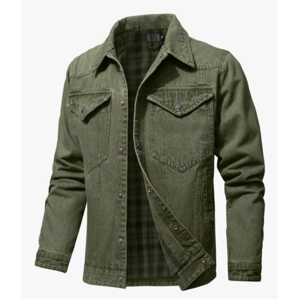 Kaviana Men's Green Denim Jacket Plaid Lined Snap Button Workwear 2XL